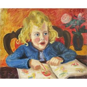 Waldemar Coste. Oil On Canvas "young Child And His Watercolor Notebook" 54.5 X 45 Cm