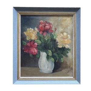 Jan Cockx. Oil On Canvas "bouquet Of Roses In A Pitcher" 60 X 50 Cm.