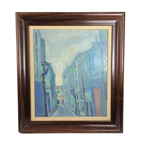 Expressionist School. Oil On Cardboard "the Blue Street Lights" 53 X 45 Cm