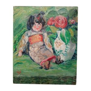 Val. Oil On Panel "the Chinese Doll" 46.3 X 38 Cm