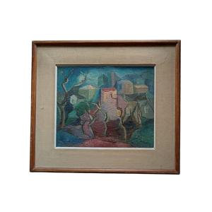 Modern School. Oil On Canvas "cubist Landscape" 46.5 X 37 Cm