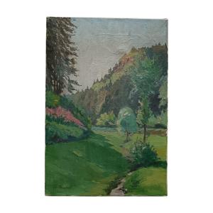 Alsatian School. Oil On Canvas "valley Near Oberhaslach" 42.5 X 29.5 Cm