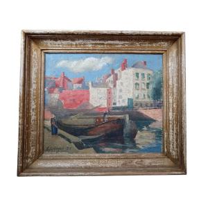 Japanese School. Oil On Canvas "boats Moored At The Quay" 55 X 46.5 Cm