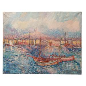Pointillist School. Oil On Canvas "marseille Le Port" 91.8 X 73 Cm