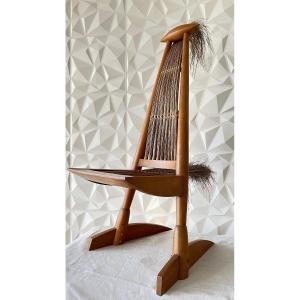 American School. White Ash And Reed Straw Sculpture "bird Chair". Height 129 Cm