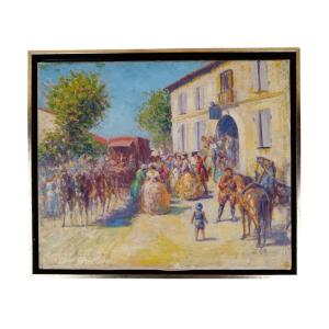 Georges Maury. Oil On Canvas "the Arrival Of The Stagecoach" 46 X 38 Cm