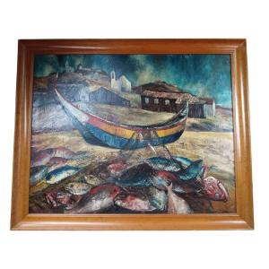 Louis Pfeiffer. Oil On Canvas "the Benefits Of Fishing" 92 X 73 Cm