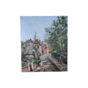 Montmartre. Oil On Canvas "rue De Montmartre" 55 X 46 Cm