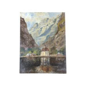 M.braun. Oil On Cardboard "st. Bartholomew's Church Near Lake Königsee" 40.3 X 30.4 Cm