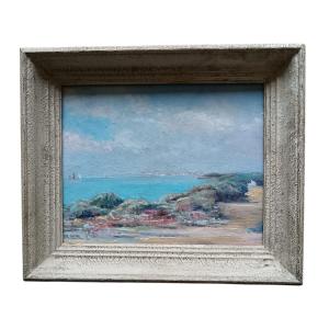 Neo-impressionist School. Oil On Plywood Panel "sailboats Offshore" 30 X 24 Cm