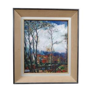 Japanese School. Oil On Canvas "small Arm Of The Seine At Bas-meudon" 46.5 X 38 Cm