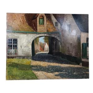 Beguinage. Oil On Canvas "the Entrance To The Beguinage, Bruges" 75.5 X 60.5 Cm