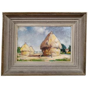 Ginette Rapp. Oil On Canvas "the Haystacks" 41.2 X 27 Cm