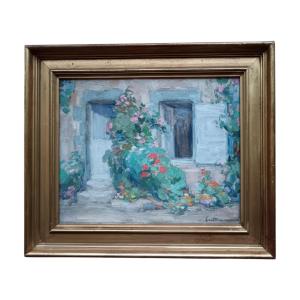 Lantoine-neveux. Oil On Canvas "the Flowery Entrance Of A Welcoming House" 41 X 33 Cm