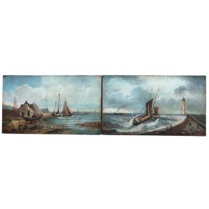 Marine. Pair Of Oils On Canvas "rescue Operation" And "women Resting On The Shore"