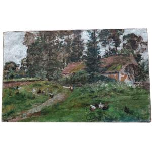 Auguste Durst. Oil On Canvas "chickens Near The Cottage" 61 X 38.5 Cm