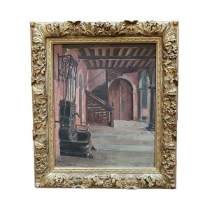 Gaston De Biemme. Oil On Mahogany Panel "the Fountain In The Gallery" 46 X 37.5 Cm