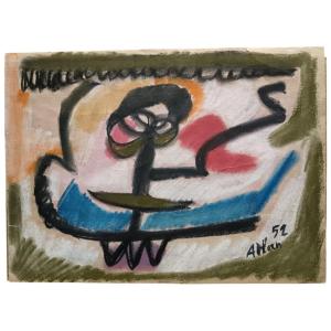Jean-michel Atlan. Pastel On Paper "abstract Figures" 38 X 28 Cm