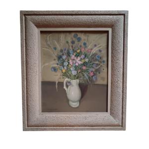 Simon-auguste. Oil On Cardboard "bouquet Of Flowers In A White Pitcher" 55 X 46 Cm