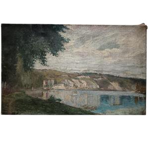 Neo-impressionist School. Oil On Canvas "small Cliffs At The Water's Edge" 65 X 40.5 Cm