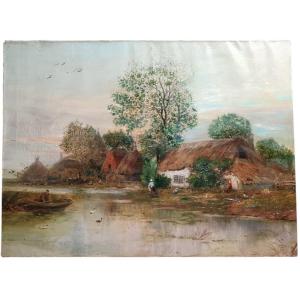 Spree Forest. Oil On Canvas "dwellings In The Spree Forest" 110.8 X 82 Cm