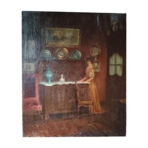 Oil On Canvas "elegant In The Dining Room" 73 X 61 Cm