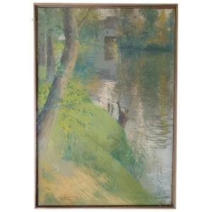 Léon Sonnier. Pastel On Paper Mounted On Canvas "the Mill Seen From The Bank" 55 X 38 Cm