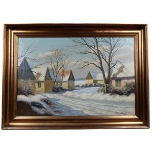 Carl Jensen. Oil On Canvas "hamlets Under The Snow" 45.3 X 67.5 Cm