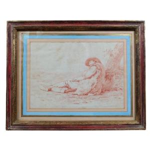 Johan Christian Safft. Red Chalk Drawing On Paper "the Warrior's Rest" 19 X 26.5 Cm