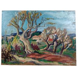 Louise Claeysen. Oil On Plywood Panel "spring In Provence" 73.4 X 54.3 Cm