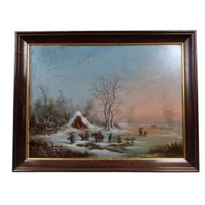 Edouard Ferey. Oil On Canvas "the Bundlers Are Busy In A Freezing Cold" 65 X 49 Cm