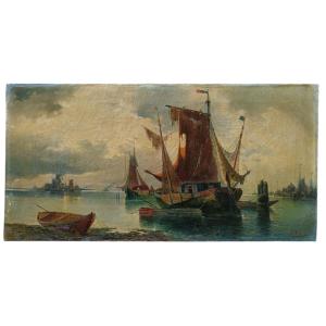 Léo Perla. Oil On Canvas "boats Moored In The Lagoon" 31.6 X 62.8 Cm