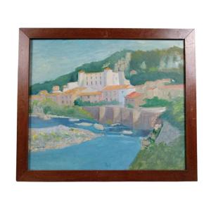 Louise Claeysen. Oil On Hardboard Panel "the Château De Vogüé En Ardèche" 65 X 54 Cm