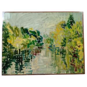Anne Français. Oil On Paper Mounted On Panel "the Seine At The Courbevoie Bridge"