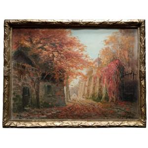 Neo-impressionist School. Oil On Hardboard "autumn Foliage" 40 X 53.2 Cm