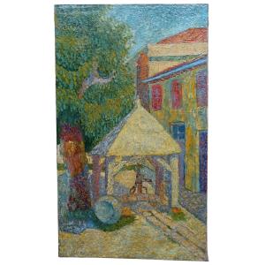 Pointillist School. Oil On Canvas "the Well" 79.6 X 47.3 Cm