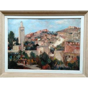 Orientalist School. Oil On Cardboard "bab Guissa In Fez" 70 X 98.5 Cm