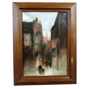 Oil On Canvas "passers-by Reach The Alley" 46 X 32.6 Cm