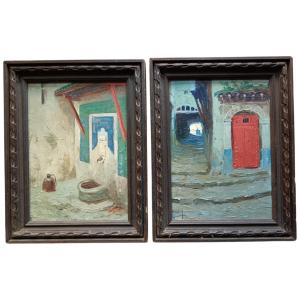 Orientalist School. Oil On Cardboard "the Red Door" 22 X 16 Cm Each