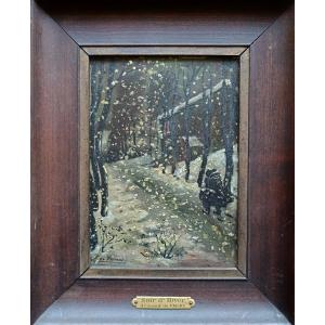 Pointillist School. Oil On Panel "winter Evening" 22.5 X 16.3 Cm