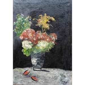 Zaba. Oil On Canvas "bouquet Of Flowers In A Crystal Vase" 70 X 49.5 Cm