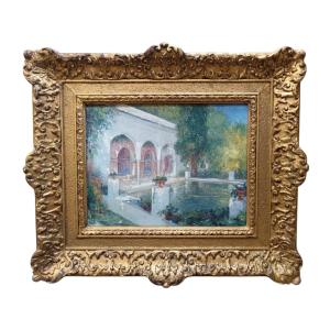 Orientalist School. Oil On Canvas "in The Gardens Of The Palace Of Hydra" 27 X 34.6 Cm
