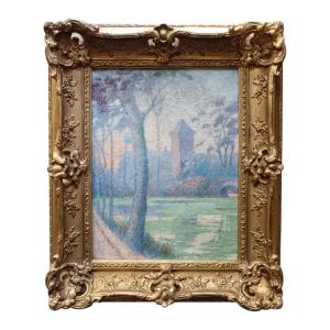 Neo-impressionist School. Oil On Canvas "in The Castle Park" 35 X 26.6 Cm