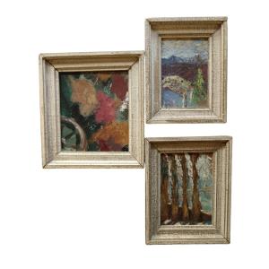 Jean Dreyfus-stern. Small Oil Paintings On Panels "abstract Landscapes And Bouquet Of Flowers"