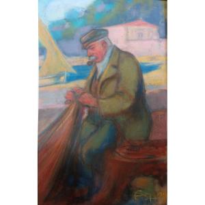 Louis Fortuney "the Old Sailor Mending His Net"