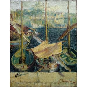 Georges Pomerat "tartanes At The Quayside, Notre-dame De La Garde In The Distance"