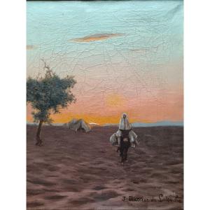 Orientalist School "the Bedouin Woman On Her Donkey Leaves The Camp"