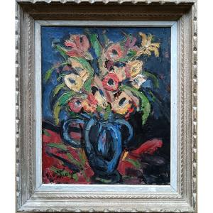 Pierre Ambrogiani "bouquet Of Flowers In A Blue Vase"