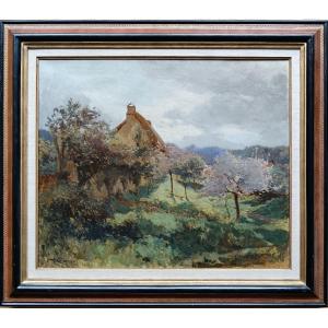 Neo-impressionist School. Emile Richard Haumont "the Thatched Cottage Seen From The Orchard"
