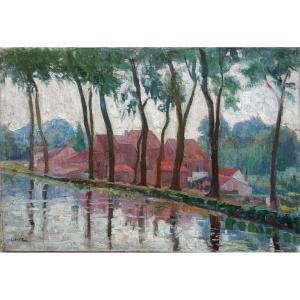 Neo-impressionist School. Edward S. Lowe, "the Hamlet By The Canal"